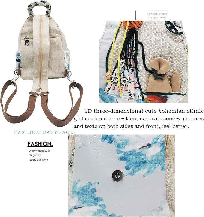 HUANGGUOSHU Women Cotton Woven Bohemian Hemp Boho Canvas Embroidery Multi Pocket Retro Cute Backpack Wallet Backpack（Maiden）