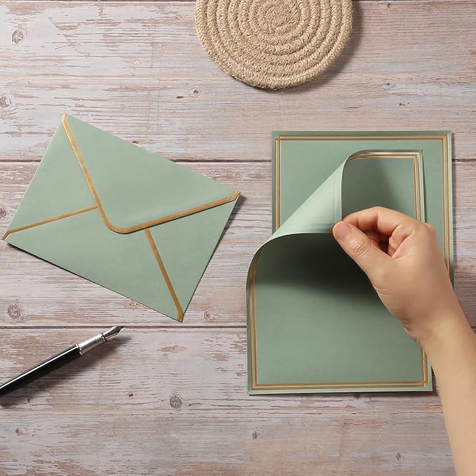 50 Pack Stationery Set with Gold Border, A6 Envelopes and 6x8 Paper Sheets and Stickers for Writing Letters (Sage-Green, 6x8 Inches)