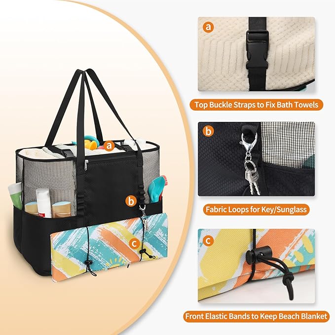 Mesh Beach Bag, Extra Large Beach Bags for Women, Lightweight Foldable Sandproof Tote Bag for Family & Vacation