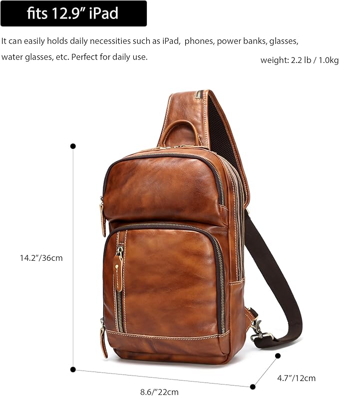 LANNSYNE Full Grain Leather Sling Bag For Men, Crossbody Bag fits 12.9" iPad Crossbody Chest Daypack
