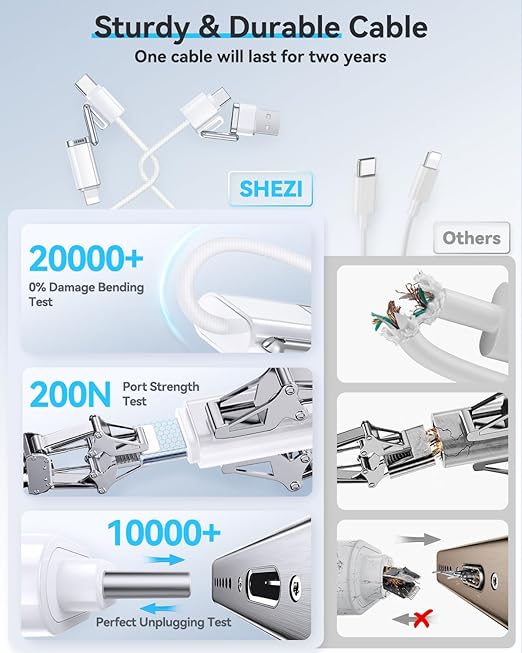 SHEZI 4-in-1 USB C Cable Compatible With Lightning Cable 60W Fast Charging & Data Transfer, Support to CarPlay & Android Auto, 5FT Travel Multi Cord Charger Combo for iPhone/iPad/Samsung/MacBook Cable