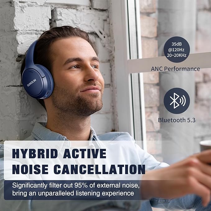 RUNOLIM Hybrid Active Noise Cancelling Headphones, 65H Playtime, Built-in Microphone, Bluetooth Wireless Over Ear Foldable Headphones with HiFi Audio, Home Travel Office