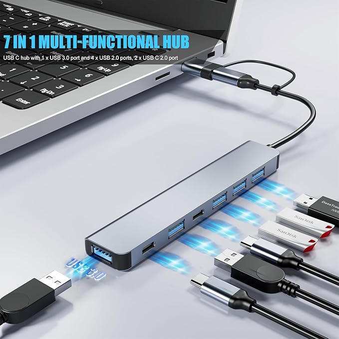 Aluminum 7 in 1 USB C/USB Hub, 2* USB C and 5* USB, USB 3.0 and USB 2.0 Ports, Ultra Slim Portable USB Splitter Adapter for Laptop, PS4, Flash Drive, HDD, Xbox, Printer, Mouse, Keyboard