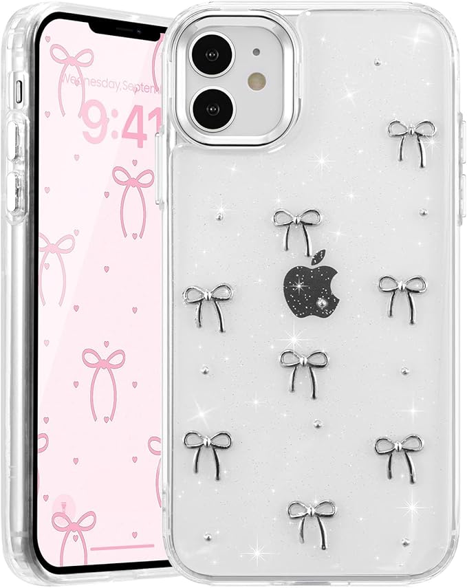EYZUTAK Case for iPhone 12/iPhone 12 Pro, Bling Glitter 3D Bowknot Phone Case Cute Sparkly Crystal Clear Bow Aesthetic Design Case Slim Soft Durable TPU Transparent Protective Cover for Women Girl-Bow