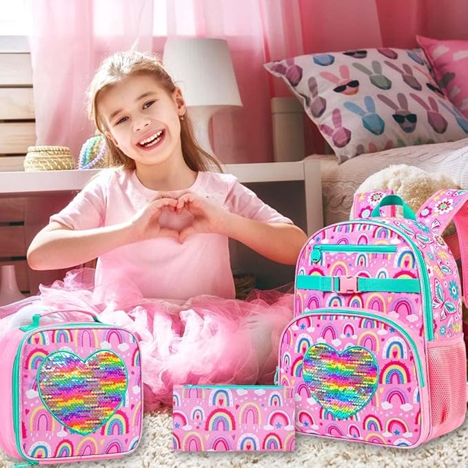 3pcs Girls Backpack, 16" Rainbow Sequin Bookbag with Lunch Box, Kids School Backpacks for Elementary Kindergarten Preschool(Pink)