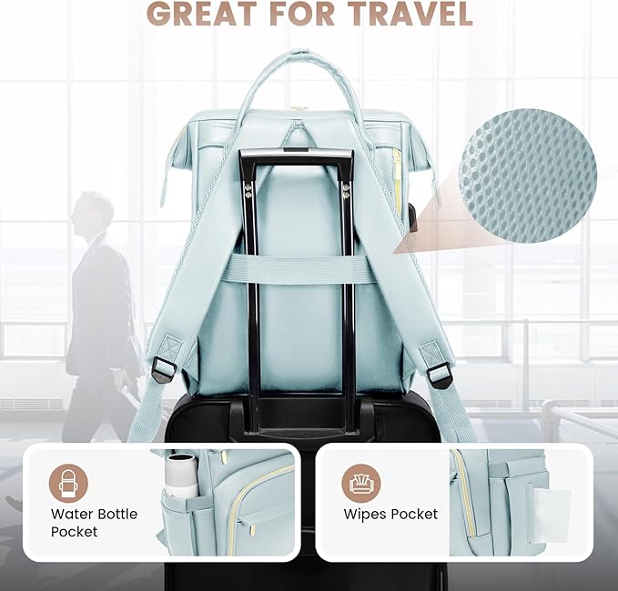 LOVEVOOK Leather Laptop Backpack for Women 15.6 inch,Travel Backpack Purse Nurse Teacher Backpack Computer Laptop Bag,Professional College Business Work Bags Carry On Backpacks with USB Port,Pink Blue