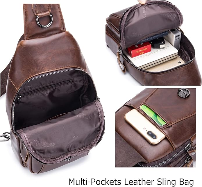 BULLCAPTAIN Leather Sling Bag for Men Multi-pocket Crossbody Chest Bag Travel Casual Shoulder Backpack