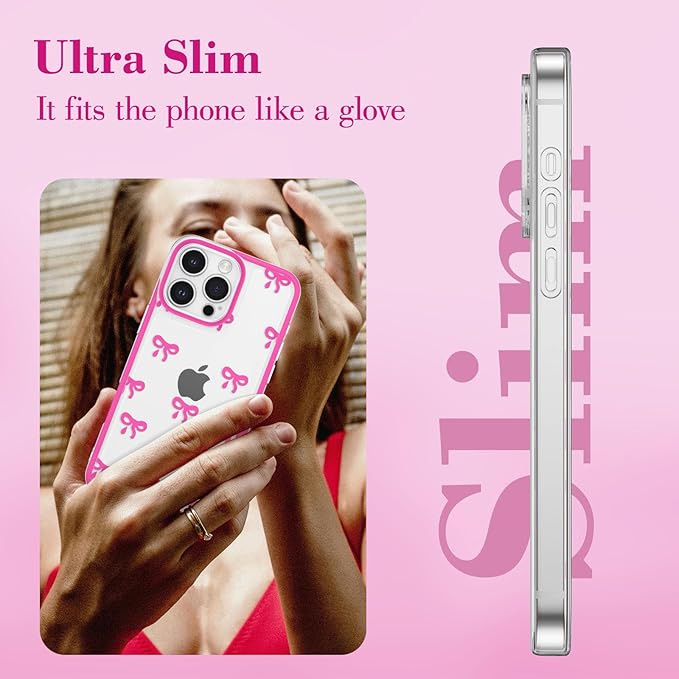 EYZUTAK Case for iPhone 13 Pro, Clear Cute Ribbon Bowknot Pattern Aesthetic Transparent Phone Case Raised Camera Protection Stylish Slim Soft Durable TPU Protective Cover for Women Girls - Rose Red