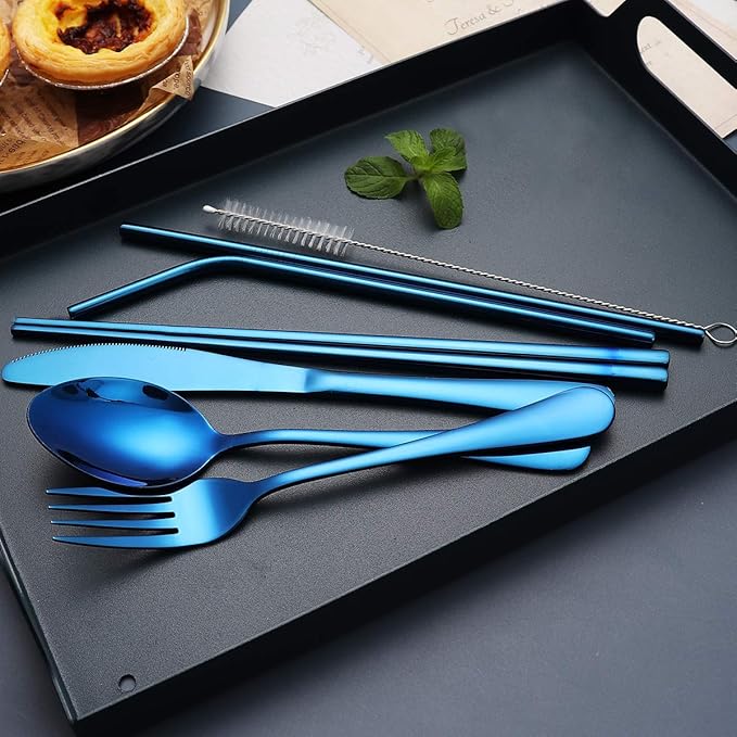 Portable Stainless Steel Flatware Set, Travel Camping Cutlery Set, Portable Utensil Travel Silverware Dinnerware Set with a Waterproof Case (Blue)