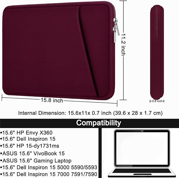 Laptop Sleeve Case 15.6 inch, Durable Briefcase Shockproof Protective Cover, Handbags Portable Laptop Bag for 15.6 inch HP Dell Asus Lenovo, Computer Case with Front Pocket, Wine Red
