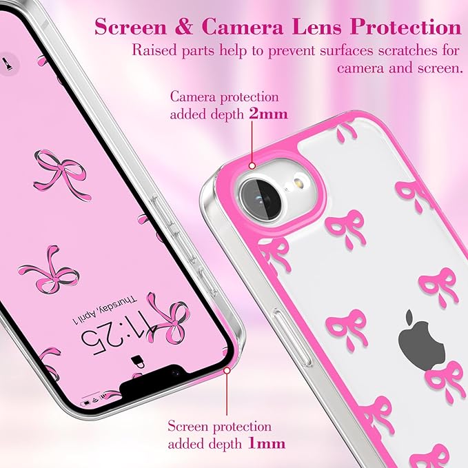 EYZUTAK Case for iPhone 16e, Clear Cute Ribbon Bowknot Pattern Aesthetic Transparent Phone Case Raised Camera Protection Stylish Slim Soft Durable TPU Protective Cover for Women Girls - Rose Red