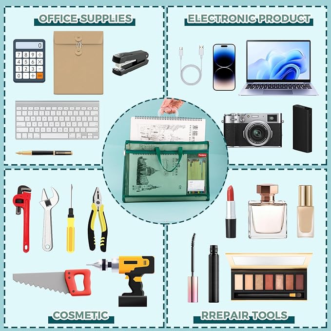 Pendancy Mesh Zipper Pouch A4 Size, Large Double Pocket Lightweight Nylon Transparent File Bag with Handle, 11x13.8 in Foldable Document Storage for Puzzle Project/Cross Stitch/Travel/Office (Green)