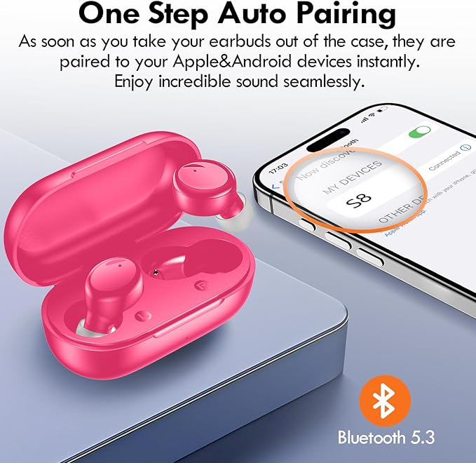 Lanteso True Wireless Bluetooth 5.3 Earbuds, 48H Playtime,Light Weight Headphones in Ear Buds Built in Mic Headset Premium Sound with Deep Bass,Clear Calls Earphones for Sports Workout Hot Pink
