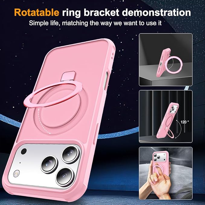 Compatible with iPhone 17 Pro Case with Invisible Magnetic O-Ring Stand Military-Grade Translucent Phone Case for iPhone 17 Pro 6.3" [Compatible with Mag-Safe][Great Grip Feeling], Pink