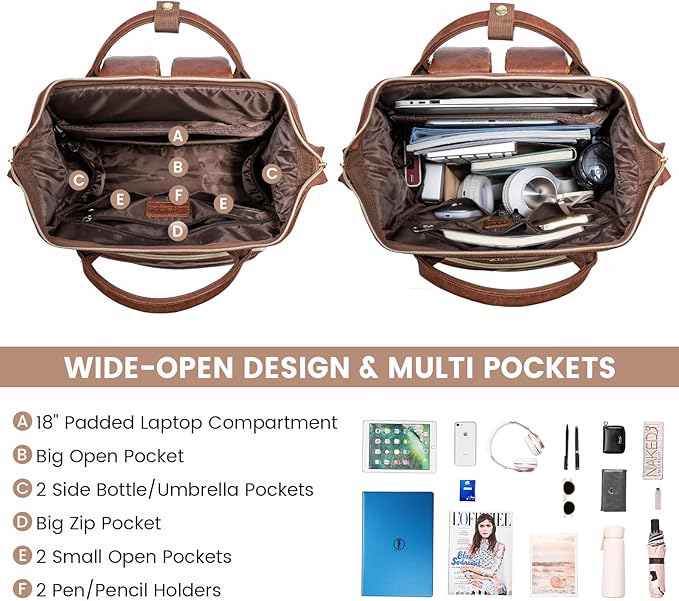 LOVEVOOK Leather Laptop Backpack for Women 18 inch,Travel Backpack Purse Nurse Teacher Computer Bag,Professional College Business Work Bags Carry On with USB Port,Red Brown