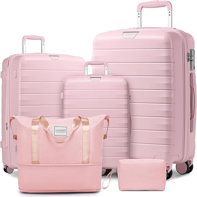 LARVENDER Luggage Sets 5 Piece with Duffel Bag Expandable(Only 28 inch) Hardside PP Carry On Luggage with 360° Spinner Wheels TSA Lock Luggage Sets for Women, Orchid Pink