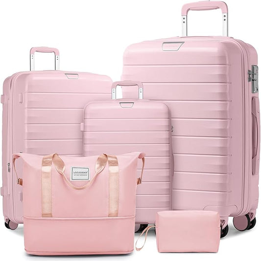 LARVENDER Luggage Sets 5 Piece with Duffel Bag Expandable(Only 28 inch) Hardside PP Carry On Luggage with 360° Spinner Wheels TSA Lock Luggage Sets for Women, Orchid Pink