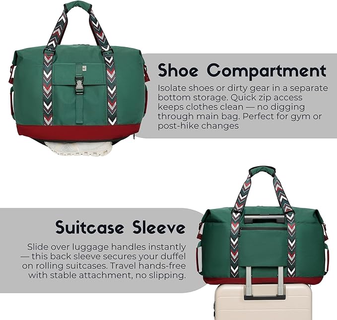 SUNNY BIRD Duffel with Utility Pouch, 40L Weekender Overnight Bag with Shoe Compartment for Travel and Sports (Greenboho)