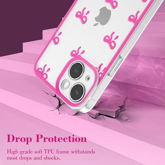 EYZUTAK Case for iPhone 14, Clear Cute Ribbon Bowknot Pattern Aesthetic Transparent Phone Case Raised Camera Protection Stylish Slim Soft Durable TPU Protective Cover for Women Girls - Rose Red