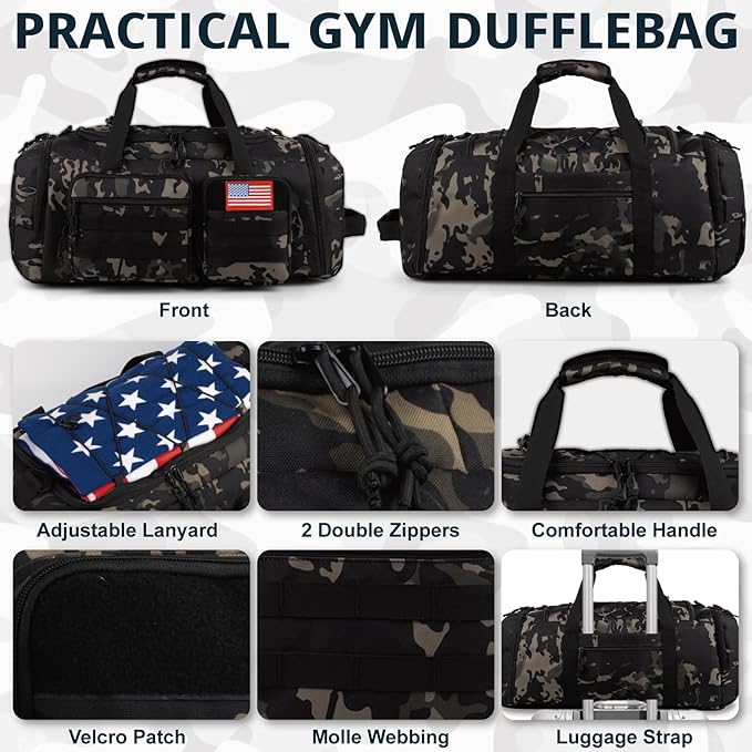 Tactical Gym Bag for Men，70L Large 3 in 1 Sports Duffle Bag with Shoes Compartment for Travel,Water Resistant Travel Backpack Weekender Overnight Bag with Wet Pocket for Women