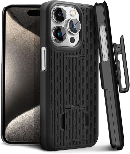 MOTIVE for iPhone 15 Pro Max Case with Belt Clip, Shell Holster Combo for Apple iPhone 15 Pro Max Holster, Slim Rugged Case, Drop Shockproof Protective Cover & Kickstand, 6.7 inch | Black