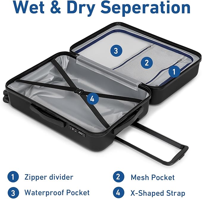 KYME Suitcase Hardshell With Double Spinner Wheels, PC+ABS TSA Lock Travel Luggage (Black, 2Pcs Set(20"/24"))