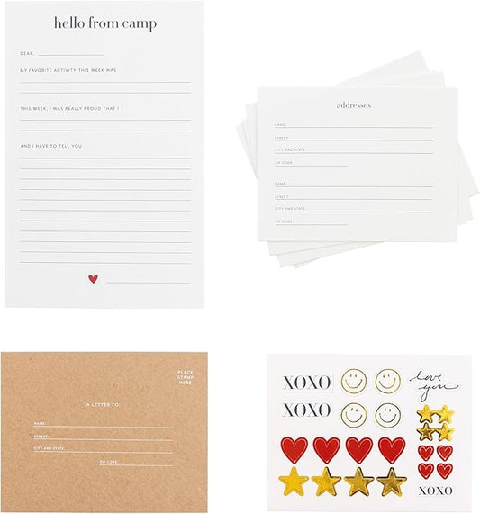 Sugar Paper Camp Notes Set, 12 Prompted Notes with Envelopes and Decorative Stickers, 6.25" x 2" x 5" Storage Box with Dividers, Letters From Camp