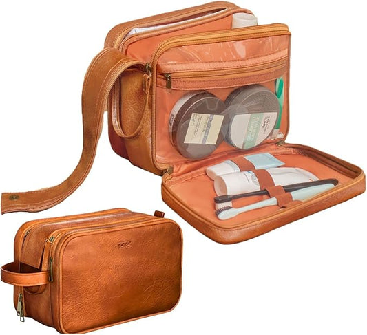 Dot&Dot Leather Toiletry Bag for Men Women - Spacious Womens Mens Toiletry Travel Bag, Large Travel Toiletries Bags (Rugged Brown, Large)