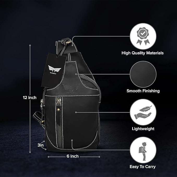 Leather Cross-body Sling Bag Casual Daypack Backpack Chest Shoulder Multi-Purpose Timeless Design Small Men (Black)