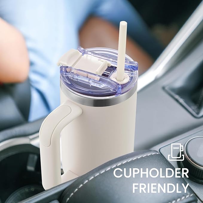 30 oz Tumbler with Handle, Tumbler with Lid and Straw, Double Wall Vacuum Insulated Travel Mug Stainless Steel Tumbler for Hot and Cold, Cupholder Friendly (Almond Birch)