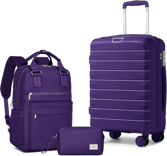 LARVENDER Luggage Sets 3 Piece, Hardside PP Carry On Suitcase with 360° Spinner Wheels TSA Lock Luggage Sets for Women, Grape Purple