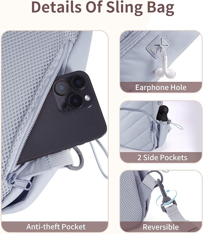 Wandering Nature Sling Bag for Women Lightweight Quilted Crossbody Bag Fits for 11" Tablet with Breathable Back Panel Anti Theft Pocket Padded Strap USB Charge Port, Ideal for Travel, Daily Use