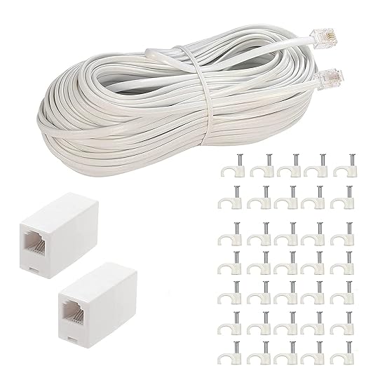 LanSenSu Phone Extension Cord100 Ft, Phone Cord ，Telephone Cable with Standard RJ11Plug and 2 in-Line Couplers and 35 Cable Clip Holders, White (White, 100 Feet)