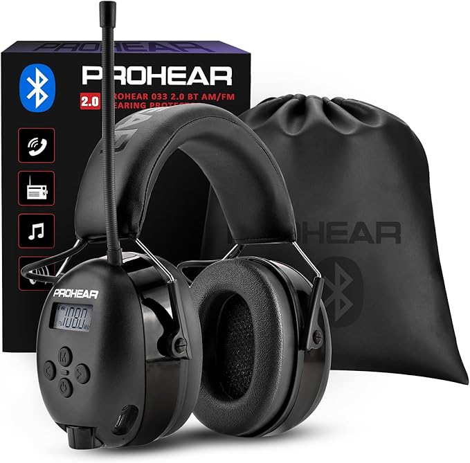 PROHEAR 033 Upgraded Bluetooth 5.4 Hearing Protection Headphones with FM/AM Radio - 25dB NRR Safety Earmuffs, Rechargeable, 48H Playtime for Mowing, Workshops, and Snowblowing - Black