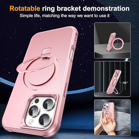 Compatible with iPhone 16 Pro Case with Invisible Magnetic O-Ring Stand Military-Grade Case for iPhone 16 Pro 6.3" [Compatible with Mag-Safe][Great Grip Feeling], Rose Gold