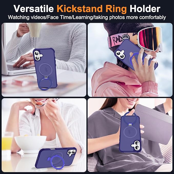 Compatible with iPhone 16 Plus Case with Invisible Magnetic O-Ring Stand Military-Grade Translucent Case for iPhone 16 Plus 6.7" [Compatible with Mag-Safe][Great Grip Feeling], Navy