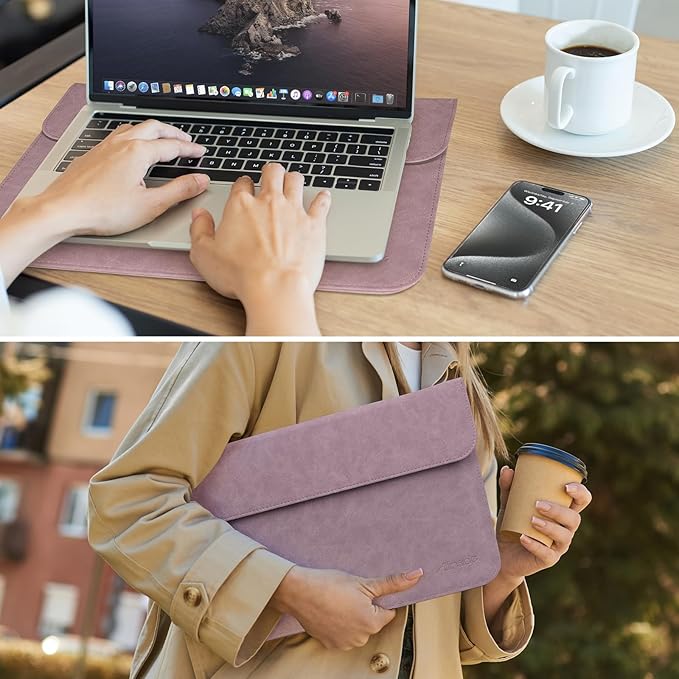 Allinside 13 Inch Laptop Sleeve Case for MacBook Air 13 2018-2025/MacBook Pro 13 2016-2022/Macbook Pro 14 2021-2024, Waterproof PU Leather Horizontal Envelope Protective Case Cover, Purple
