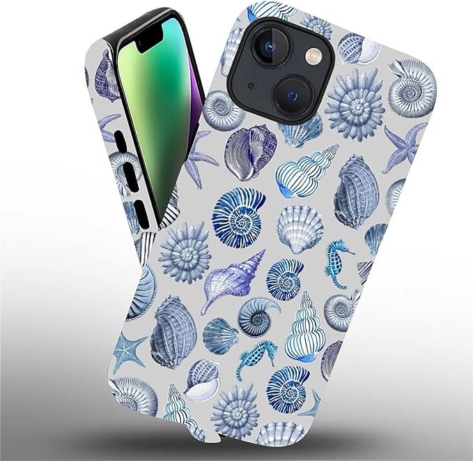 Case for iPhone 13 iPhone 14,Summer Beachy Seashell for Woman Men Full Body Protective Cover Shockproof 2 in 1 Silicone + Hard PC Design Case