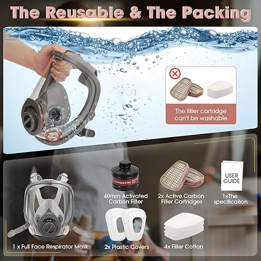 Reusable Full Face Respirator Gas Mask - Survival Nuclear and Chemical with 40 mm Activated Carbon Filter, for Gases, Vapors, Dust, Chemicals