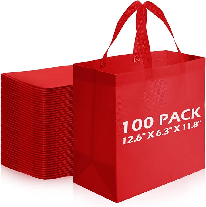 Reginary Reusable Totes Bags - 100 Pcs Non Woven Grocery Handle Bags for Shop Events & Retail Store(Red)