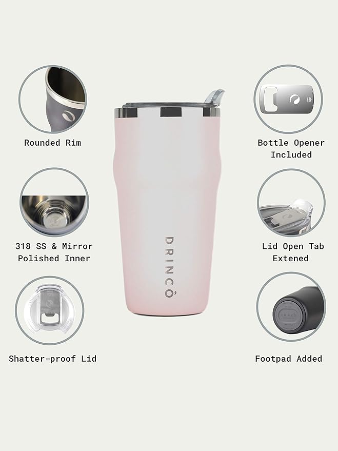 Drinco 20oz Stainless Steel Tumbler, Vacuum Insulated Tumbler Pint Glass Beer Mug with Built-in Bottle Opener, THOR (20oz Beer Tumbler, Pale Pink)