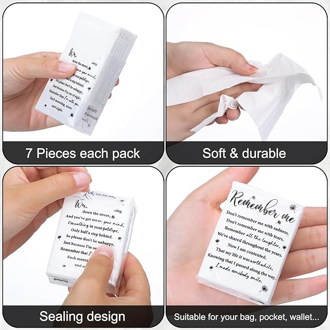 Sinmoe 120 Bulk Funeral Tissues Keepsakes Memorial Facial Pocket Tissues Favors Inspirational Poem 3 Ply Mini Travel Size Tissue Packs Memorial for Guests Relatives Family