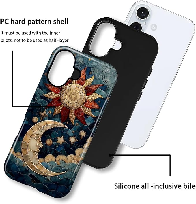 Case for iPhone 16 Case,Sun Moon Stars Faux Stained Glass Design - Hybrid Dual Protection Silicone + Hard PC Shockproof Full Body Cover Slim Anti-Scratch Protective Case for Men Women