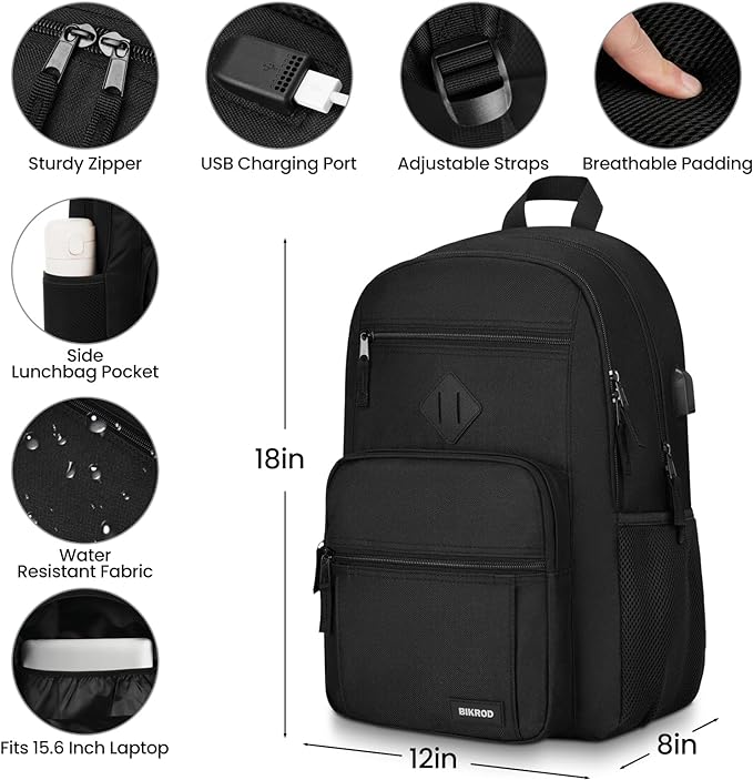 Black Backpack for Men and Women, Backpack for School Teens Boys and Girls, Lightweight Casual High School Bookbag, Daily-use Travel Laptop Backpack with USB Charging Port Fits 15.6 Inch Notebook