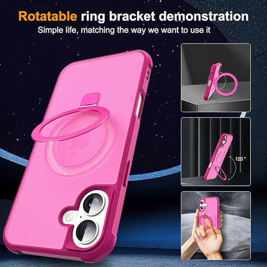 Compatible with iPhone 16 Case with Invisible Magnetic O-Ring Stand Military-Grade Translucent Case for iPhone 16 6.1" [Compatible with Mag-Safe][Great Grip Feeling], Rose