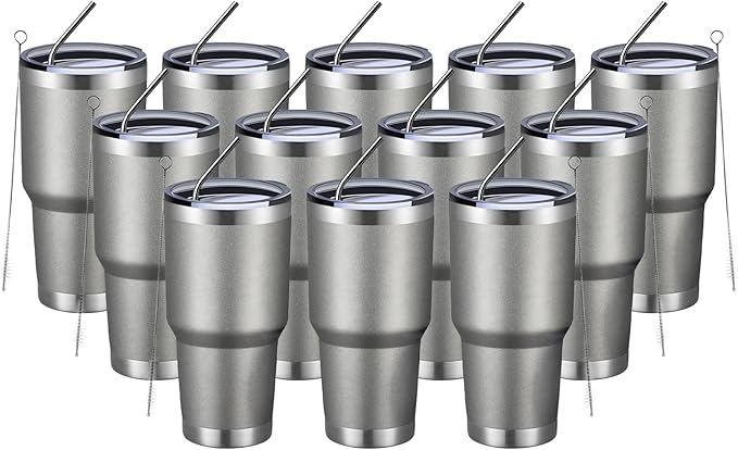 MEWAY 30oz Insulated Tumbler With Lids and Straws,Stainless Steel Double Vacuum Coffee Tumbler Cup, Brush, Durable Powder Coated Coffee Cup for Cold & Hot Drinks, Office, Travel(Cold Grey,12 PACK)
