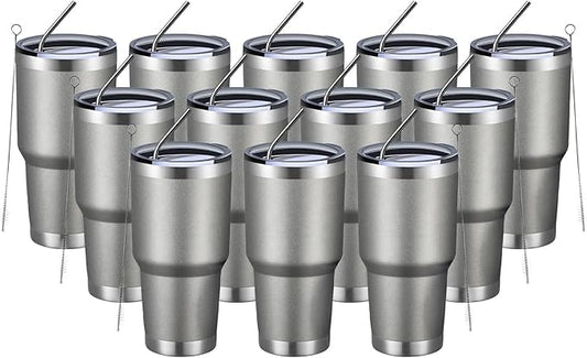 MEWAY 30oz Insulated Tumbler With Lids and Straws,Stainless Steel Double Vacuum Coffee Tumbler Cup, Brush, Durable Powder Coated Coffee Cup for Cold & Hot Drinks, Office, Travel(Cold Grey,12 PACK)