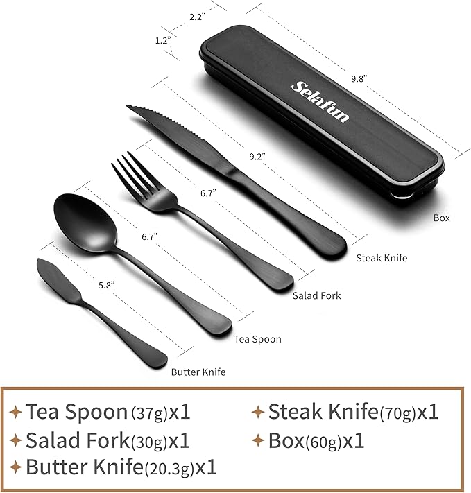 Travel Cutlery Set with Case Portable Silverware Utensils Set,5-pieces Stainless Steel Reusable Flatware Set Cutlery Set for Camping Picnic Hiking Office, Dishwasher Safe (matte black, 5.8)