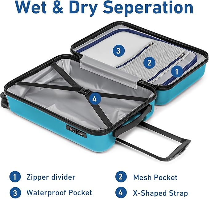 KYME Suitcase Hardshell With Double Spinner Wheels, PC+ABS TSA Lock Travel Luggage (Ocean Blue, 20" Carry On)