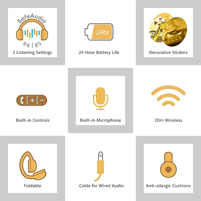 BuddyPhones POP Fun | Foldable Bluetooth Kids Headphones + Microphone, Works Wired or Wireless - SafeAudio Volume Limiting for iPhone/iPad/Tablet/PC and More (Yellow)